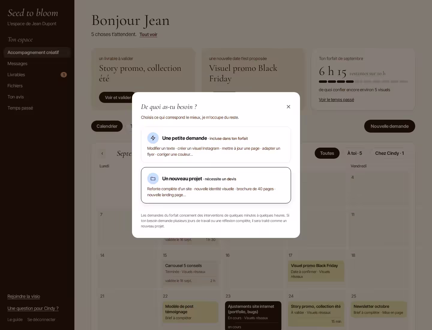 Le formulaire de nouvelle demande dans l’espace client